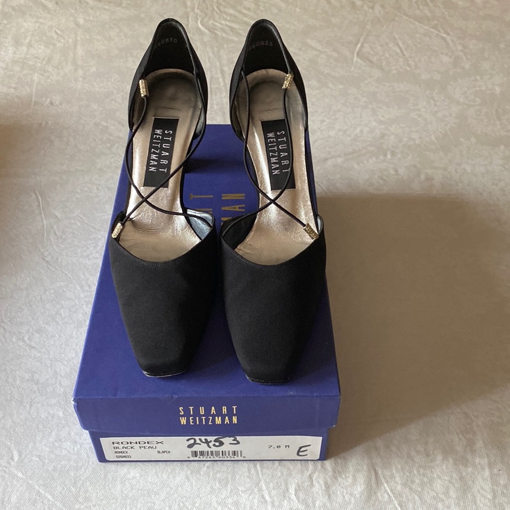 Stuart Weitzman black 3” silk heels with rhinestone strap